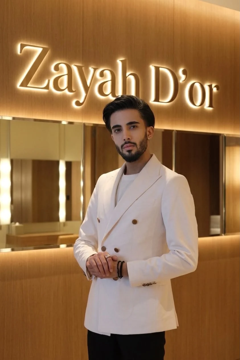 A model in a white blazer in front of the Zayah D'or sign.